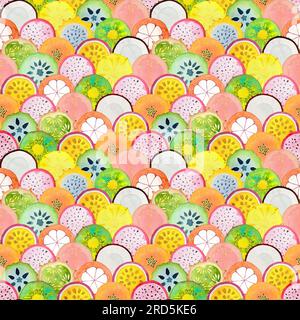 Seamless pattern with exotic tropical fruits slices. Watercolor hand drawn illustration colorful background. Watercolor bright summer ornament. Printi Stock Photo