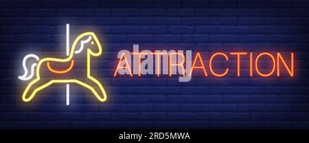 Attraction neon text with carousel horse Stock Vector