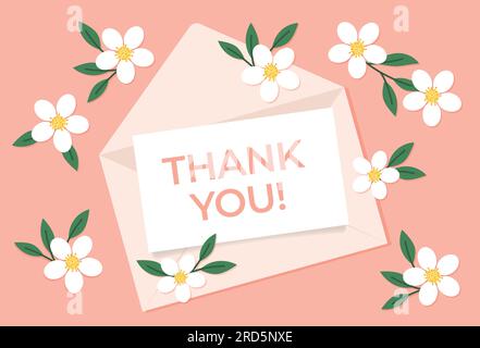 envelope with thank you card and white flowers- vector illustration Stock Vector