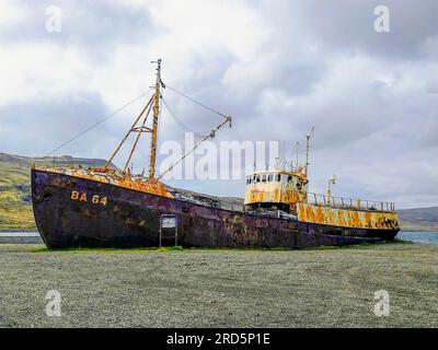 This Icelandic ghost ship, the 'Gardar BA 64' is the oldest steel ship from Iceland. It was built in 1912 by a Norwegian shipyard and used for whaling Stock Photo