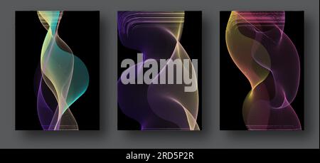 Smooth colored lines. Abstract waves on a black background. A set of vector design for a stylish interior, corporate style. An element of the design o Stock Vector