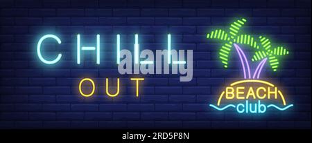 Chill out, beach club neon text with palm trees Stock Vector