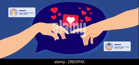 Creative social media concept, hands from the creation of Adam. People bringing likes and reactions to a social media profile with hearts and chat Stock Vector