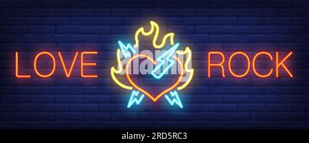 Love, rock neon text with heart on fire and lightning Stock Vector