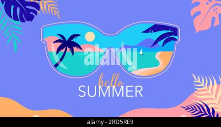 Summer fun concept design. Creative background of landscape, panorama of sea and summer beach on sunglasses. Summer sale, post template with jungle Stock Vector