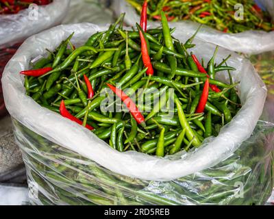 In a bustling street market in Bangkok, Thailand, vibrant bags brim with an assortment of fiery chili fruits, featuring shades of red, green, and oran Stock Photo