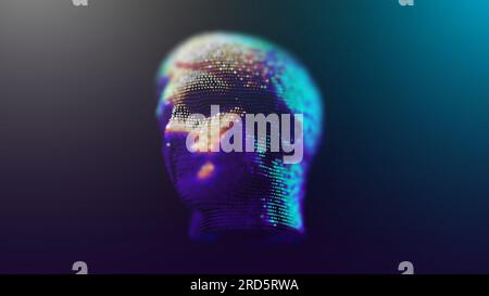 Male head made of dots in empty space, antique sculpture style. Dark background, backlight, depth of field. Stock Vector