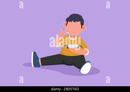 Character flat drawing little boy having cereal for breakfast. Happy kid eating cereal flakes sitting on floor. Activity of children day schedule or d Stock Photo