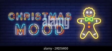 Christmas mood neon text and gingerbread man Stock Vector