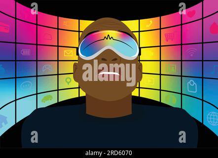 African American Man Using New Mixed Reality, Spacial Computer, AR Virtual Reality Goggle Headset Device Technology to Help and Blend In Everyday Life Stock Vector