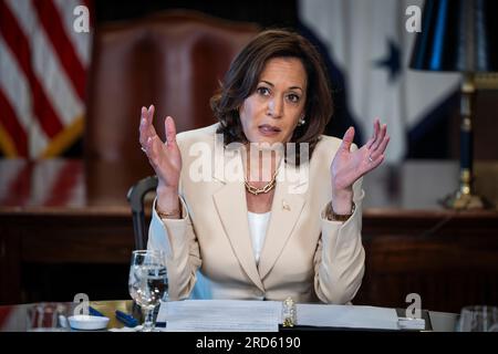 Washington, DC, USA. 18th July, 2023. US Vice President Kamala Harris meets with state attorneys general to address the fentanyl public health crisis in the Eisenhower Executive Office Building in Washington, DC, USA, 18 July 2023. Credit: Jim LoScalzo/Pool via CNP/dpa/Alamy Live News Stock Photo