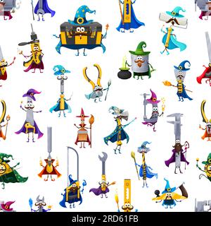 Cartoon tools wizard and warlock characters seamless pattern. Textile print vector pattern. Wrapping paper seamless backdrop with toolbox, axe, saw and wrench, vise, spatula sorcerer cute personages Stock Vector