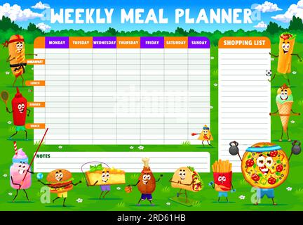 Weekly meal planner. Cartoon fast food characters on sport vacation. Meals menu vector daily timetable, shopping list with hotdog, ketchup, smoothie and hamburger, cake cute personaged on fitness Stock Vector