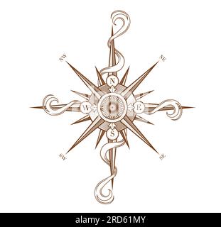 Vintage wind rose compass with Medieval antique ribbons, vector vintage map symbol. Marine navigation and nautical travel compass or Medieval sailing map windrose with north and east woodcut arrows Stock Vector