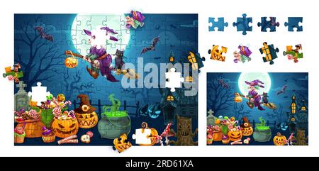 Halloween cartoon sweets and flying witch. Jigsaw puzzle game pieces. Vector worksheet for developing attentiveness. Logic task find detail that fell out of picture. Brain teaser quiz page for kids Stock Vector