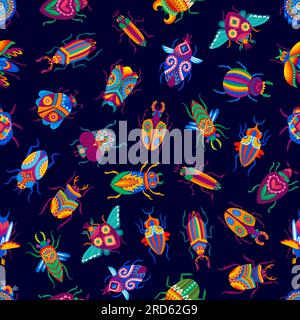 Cartoon beetles seamless pattern background of vector colorful bugs and insects. Beetles pattern of bugs or ladybugs with floral bright colors ornament or Mexican alebrije art or patchwork pattern Stock Vector
