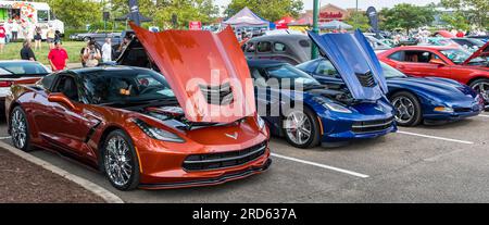 A line of Corvettes is on display at a car show in Homestead, Pennsylvania, USA Stock Photo