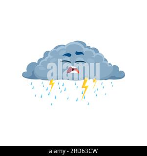 Cartoon unhappy lightning cloud weather character. Isolated vector rainy fluffy grey cloud with rain droplets falling from bottom and thunderbolt flashes. Overcast personage with sad face expression Stock Vector