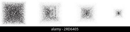 Vanishing stippled square texture set. Black disappearing dotted gritty rectangle element collection. Fading noise grain dot work shapes. Half tones and shadows affect illustration bundle. Vector pack Stock Vector