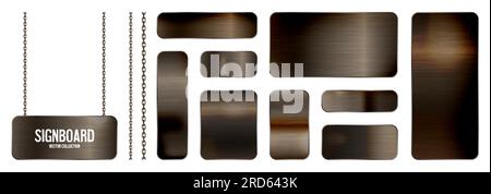 Metal banners hanging on a chain. Realistic shiny steel plate with screws. Polished rusty metal surface. Vector illustration Stock Vector