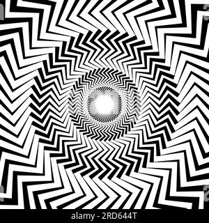 Optical illusion background. Black and white abstract distorted zigzag lines surface. Radial jagged poster design. Hypnotic spiral illusion wallpaper. Vector illustration Stock Vector