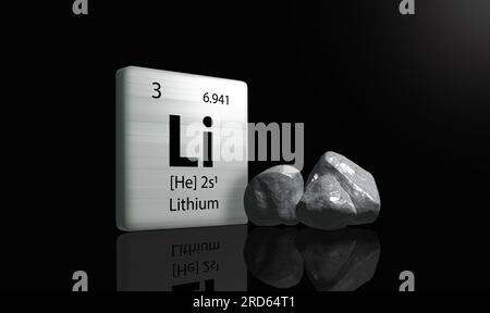 Lithium elements on a metal periodic table with greyish black Lithium on dark background. 3D rendered icon and illustration. Stock Photo