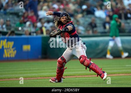 Boston Red Sox catcher Jorge Alfaro throws to first for an out on Oakland  Athletics' Nick Allen during the second inning of a baseball game Tuesday,  July 18, 2023, in Oakland, Calif. (