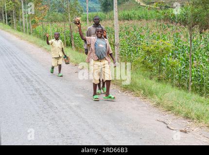 View from Drive through Rwanda from Kigali to Sabyinyo Silverback Lodge in Volcanoes National Park in Rwanda, in Africa. Stock Photo