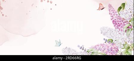 Abstract art with lilacs and butterflies on pastel watercolor stains for horizontal background. Vector backgrounds are great for headers, web covers, Stock Vector