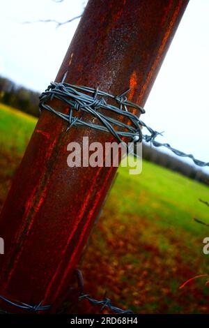 Barbed wire wrapped around a rusty metal corner post, forming a fence to keep livestock in, cattle farm in rural Missouri, MO, United States, USA, US. Stock Photo