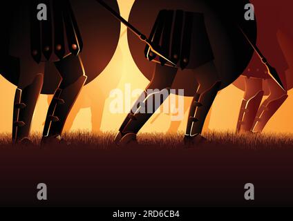 Vector illustration of ancient army marching, holding a shield and spear. Invasion, historic battle theme Stock Vector