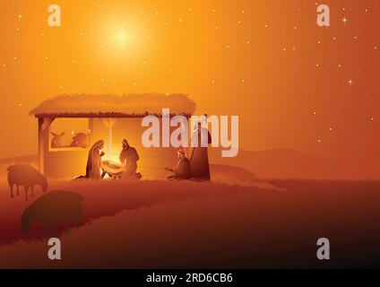 Biblical vector illustration series, nativity scene of The Holy Family in stable. Christmas theme Stock Vector