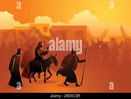 Biblical vector illustration series, Jesus comes to Jerusalem as King Stock Vector