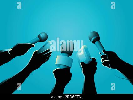 Vector illustration of hands holding microphones and recorders, journalism symbol Stock Vector