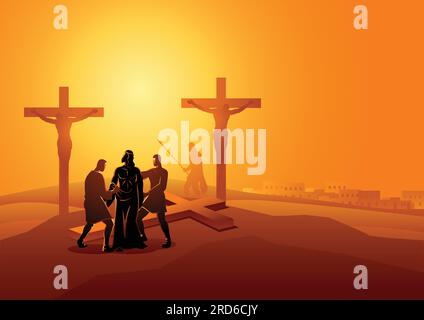 Biblical vector illustration series. Way of the Cross or Stations of the Cross, tenth station, Jesus is Stripped of His Garments. Stock Vector