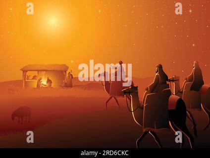 Biblical vector illustration series, nativity scene of The Holy Family and three wise men. Christmas theme Stock Vector