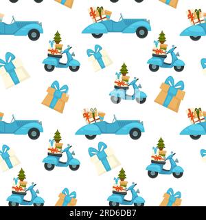 Scooter with pine tree and presents for christmas Stock Vector
