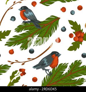Bullfinch bird sitting on pine tree branch pattern Stock Vector