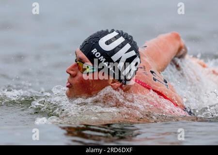 Fukuoka, Japan. 18th July, 2023. Swimming: World Championship, Decision(s), Open Water - 5 km, Men: Misha Romanchuk of Ukraine in action. Credit: Jokleindl/ © by JoKleindl/dpa/Alamy Live News Stock Photo