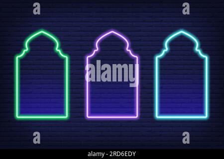 Neon Ramadan islamic frame. Vector arch shapes on dark background. Muslim door and window. Arabian bright template set. Stock Vector