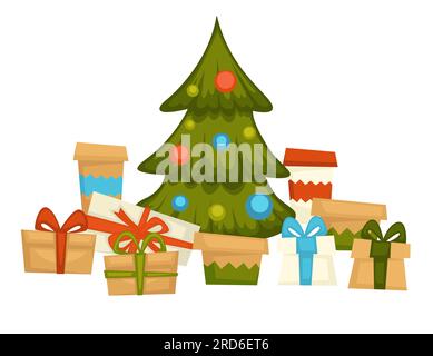 Pine tree decorated with garlands, presents below Stock Vector