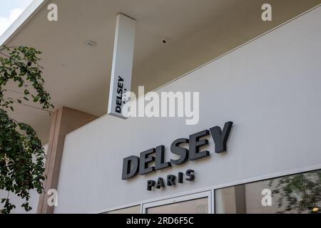 Lyon ,  France -  07 15 2023 : Delsey paris logo sign and brand text front of store chain facade of French company manufactures luggage and travel sho Stock Photo