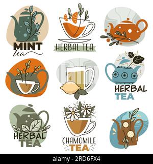 Herbal tea with mint and lemon, labels and emblems Stock Vector