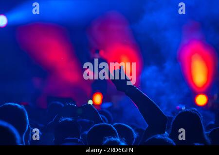 Back view of excited anonymous male spectator showing raised hand sign while standing blurred guitarist playing song on stage to applauding audience i Stock Photo