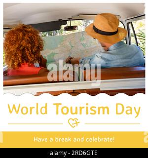 World tourism day, have a break text in yellow over diverse couple reading map in car Stock Photo