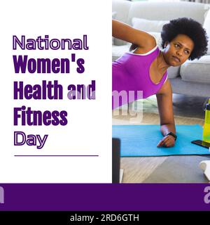 National women's health and fitness day text with african american woman exercising at home Stock Photo