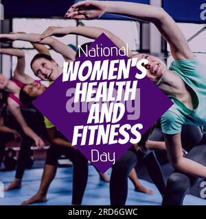 National women's health and fitness day text over diverse female group at yoga class Stock Photo