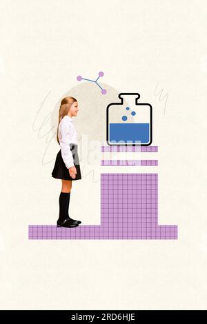 Creative drawing collage picture of little cute female schoolgirl chemistry flask subject schoolkid education study learning lesson Stock Photo