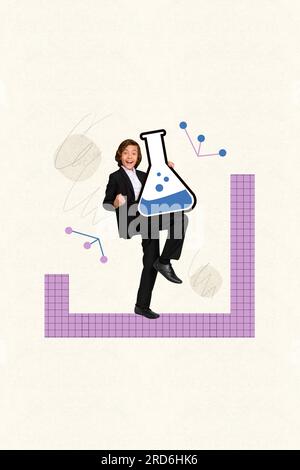 Vertical creative collage image of excited funny energetic schoolboy have fun hold chemistry laboratory flask have fun celebrate invention Stock Photo