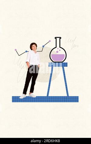 Composite collage picture image of smart clever intelligent schoolboy chemistry flask subject study schoolkid weird freak bizarre unusual Stock Photo